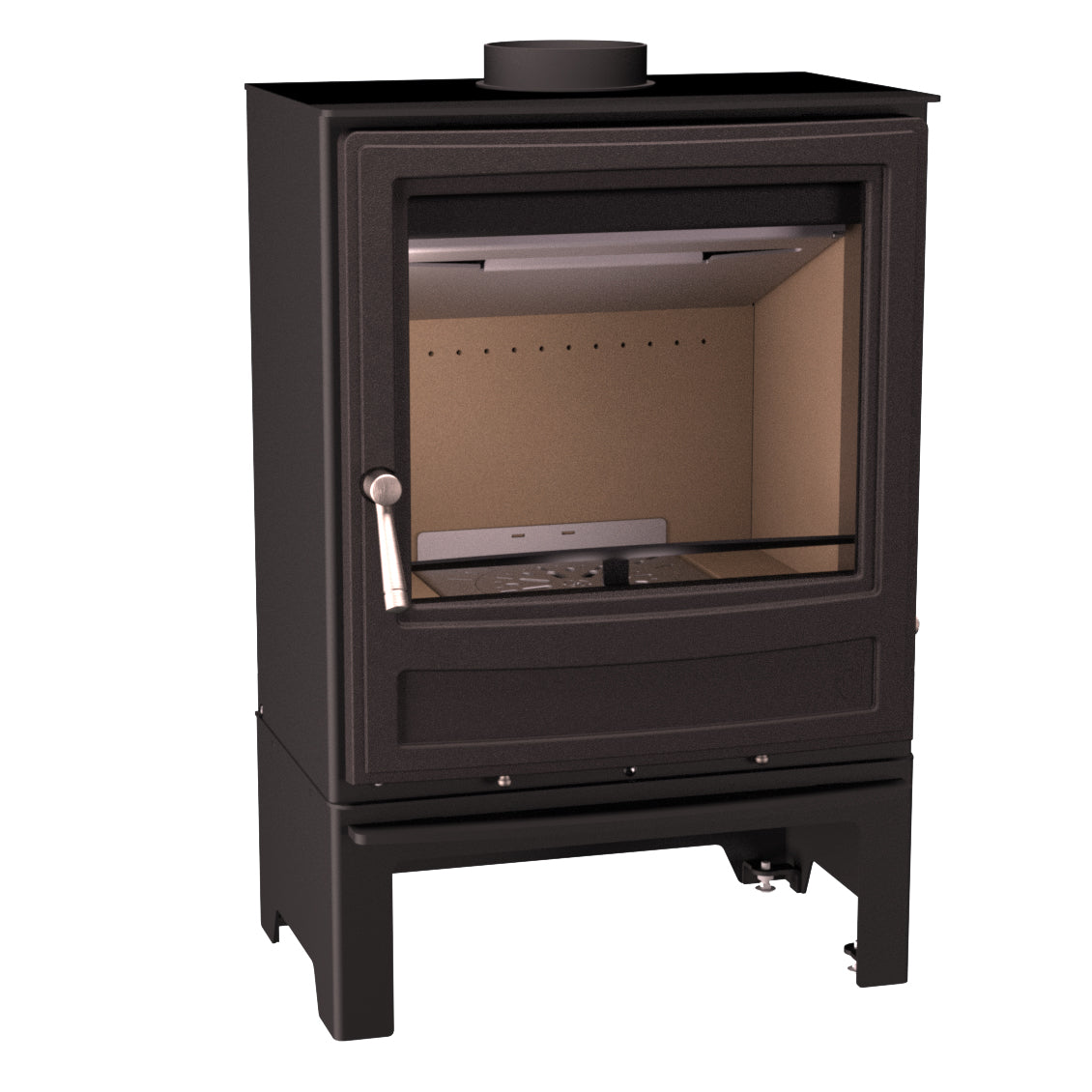 A black wood-burning stove with a glass front door, silver lever handle, and top flue pipe, shown on a plain white background.