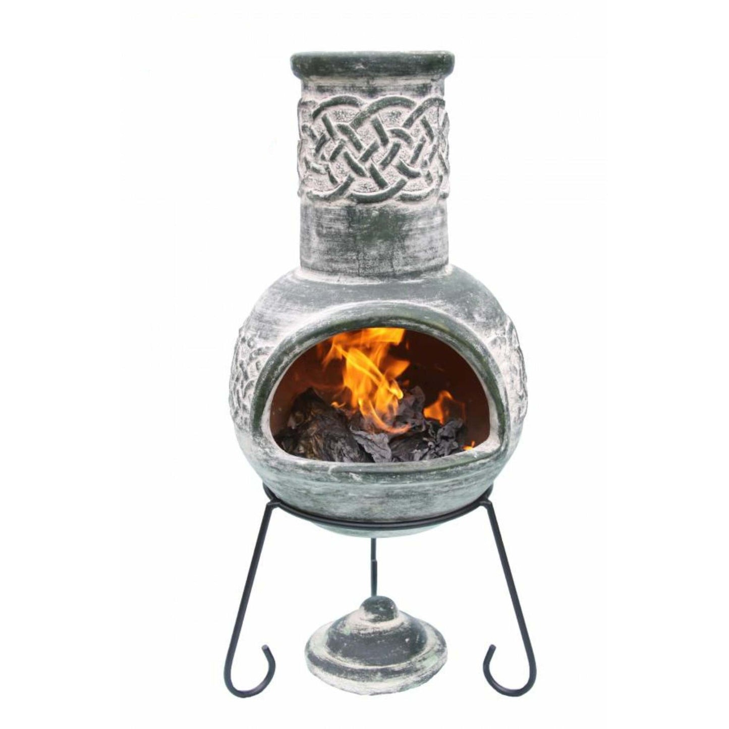 Edyth Medium Celtic Mexican Chiminea Green | Handmade Claywith flames, made in Mexico on white background.