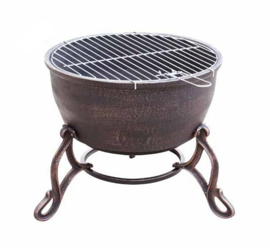 Cast iron fire pit with grill grate on a white background