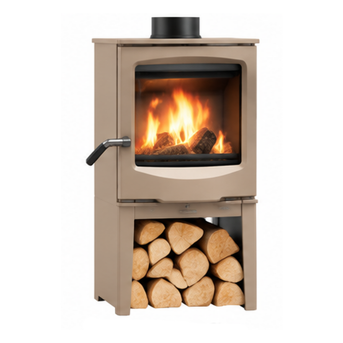 A compact wood-burning stove with a beige clay finish, featuring a glass front door with a visible fire, a side lever handle, and a lower log storage compartment filled with cut wood. The text 'For Small Eco Clay' appears below the stove on a white background.