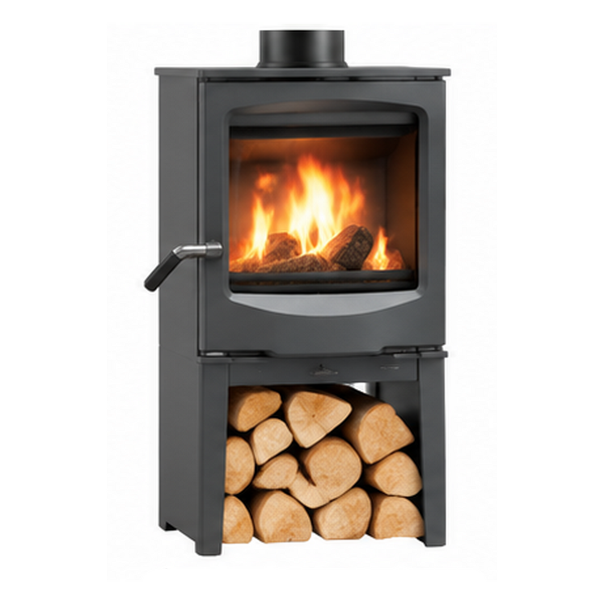 A compact black wood-burning stove with a visible fire inside the glass front and a lower log storage compartment filled with cut wood, shown on a plain white background.