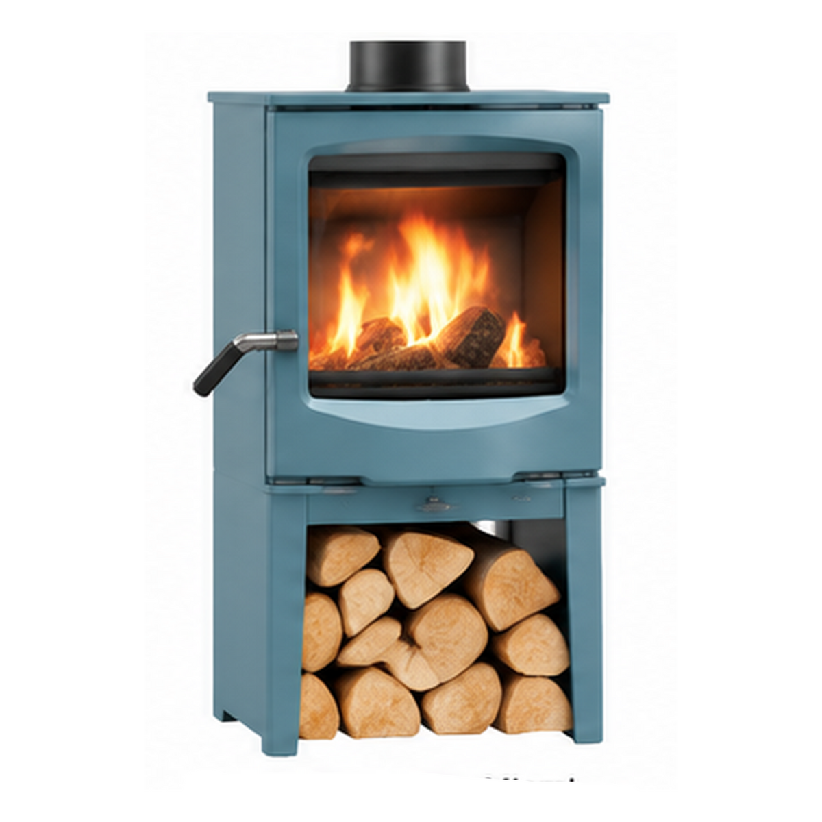 A small blue wood-burning stove with a visible fire inside and a lower log storage compartment filled with cut wood, shown on a plain white background.