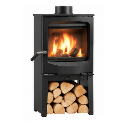 A black wood-burning stove with an open lower shelf filled with logs, shown against a plain white background. A fire is visible through the front glass door, and text below reads 'For Small Eco-Midnight'.