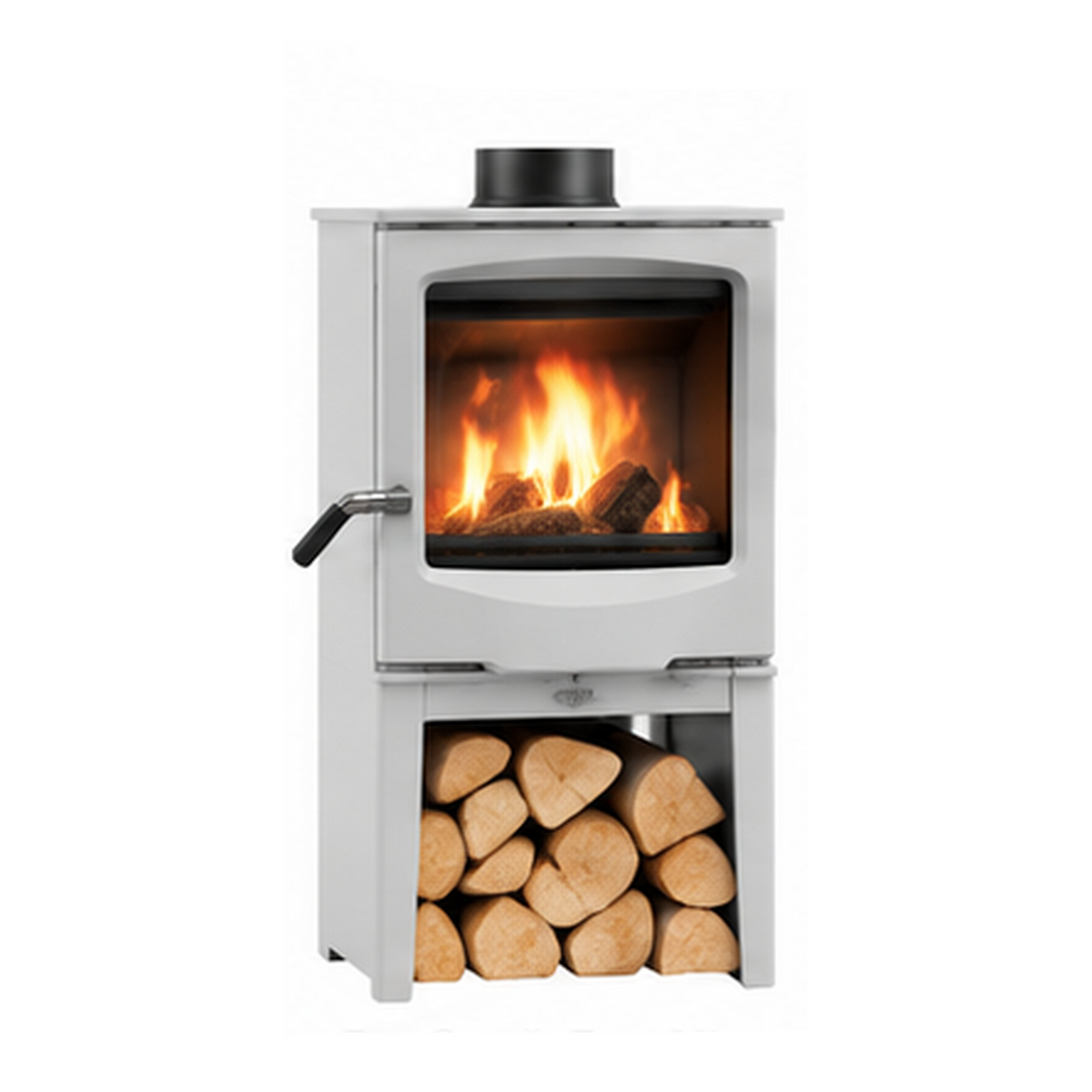 A compact white wood-burning stove with an open front showing a glowing fire, a side handle, a lower log storage compartment filled with cut wood, and a black chimney cap. The image has text overlays reading 'rai_Small_Eco' at the top and 'For Small Eco' at the bottom.