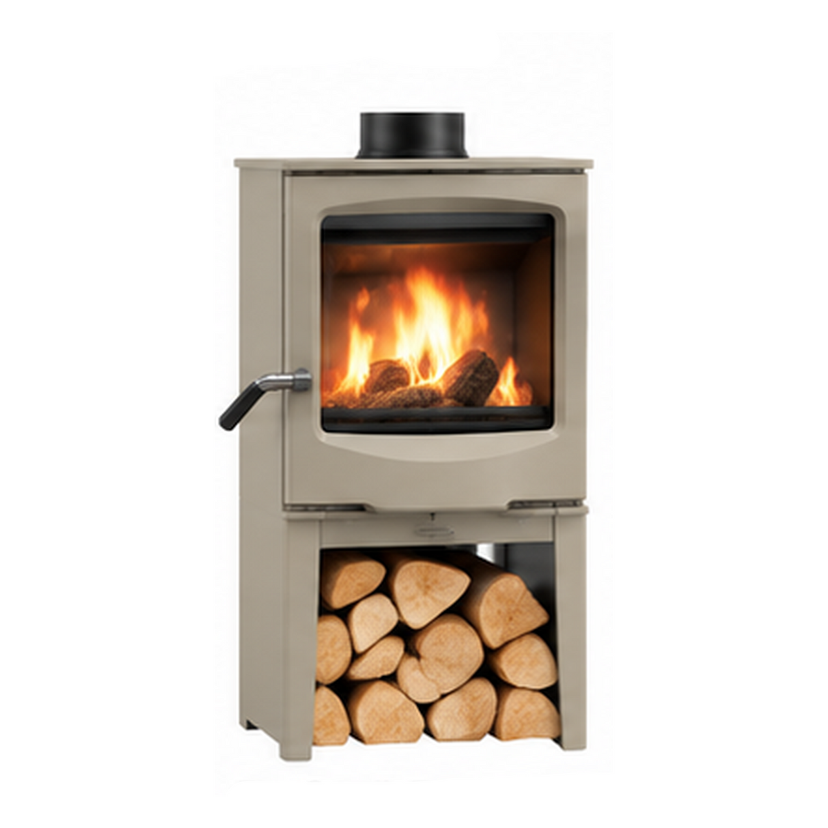A compact wood-burning stove with a beige exterior, a visible fire inside the glass door, and a stack of logs in the lower compartment, shown on a plain white background with the brand name Eco Flameingo at the top.