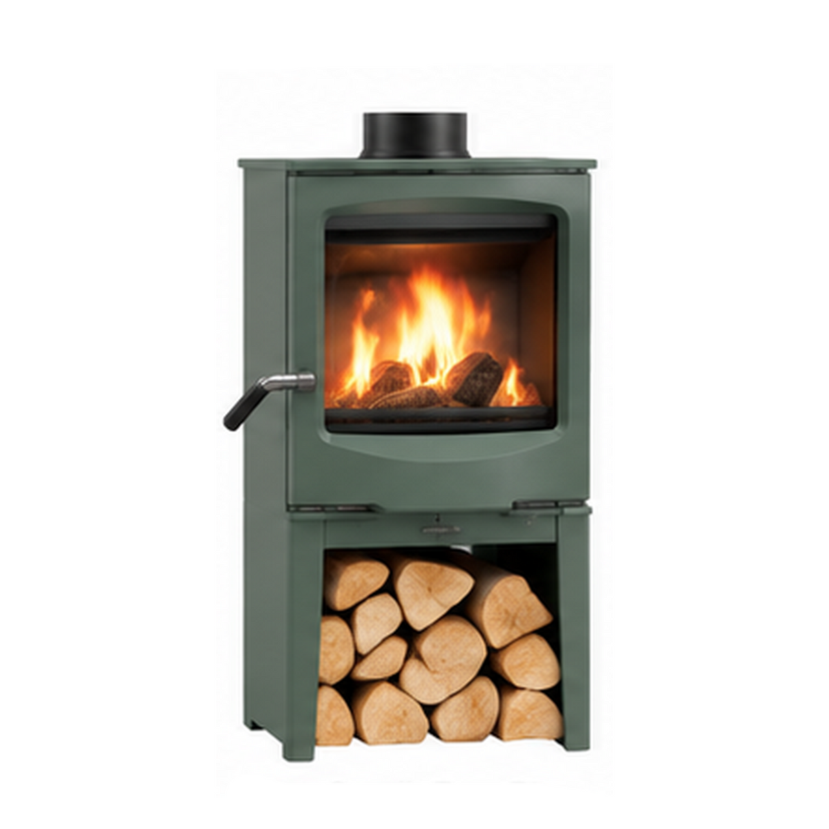 A small dark green wood-burning stove with a visible fire inside the glass front and a stack of cut logs in the lower shelf, shown on a plain white background with text labels above and below.