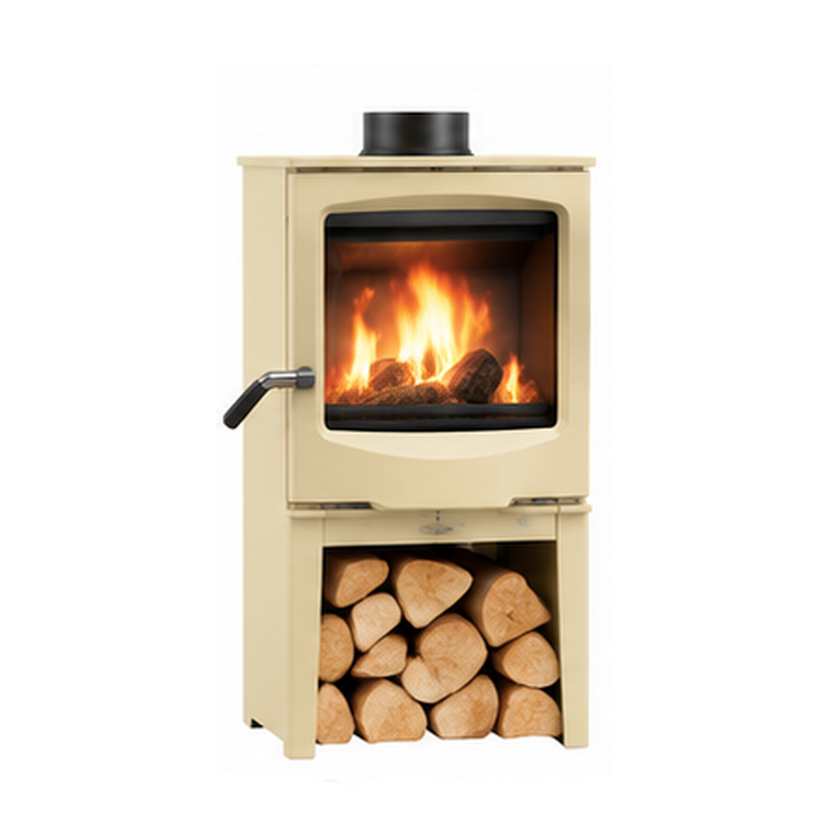 A cream-colored wood-burning stove with a visible fire inside, shown on a white background. The stove has a lower shelf holding stacked firewood and a black chimney cap on top.