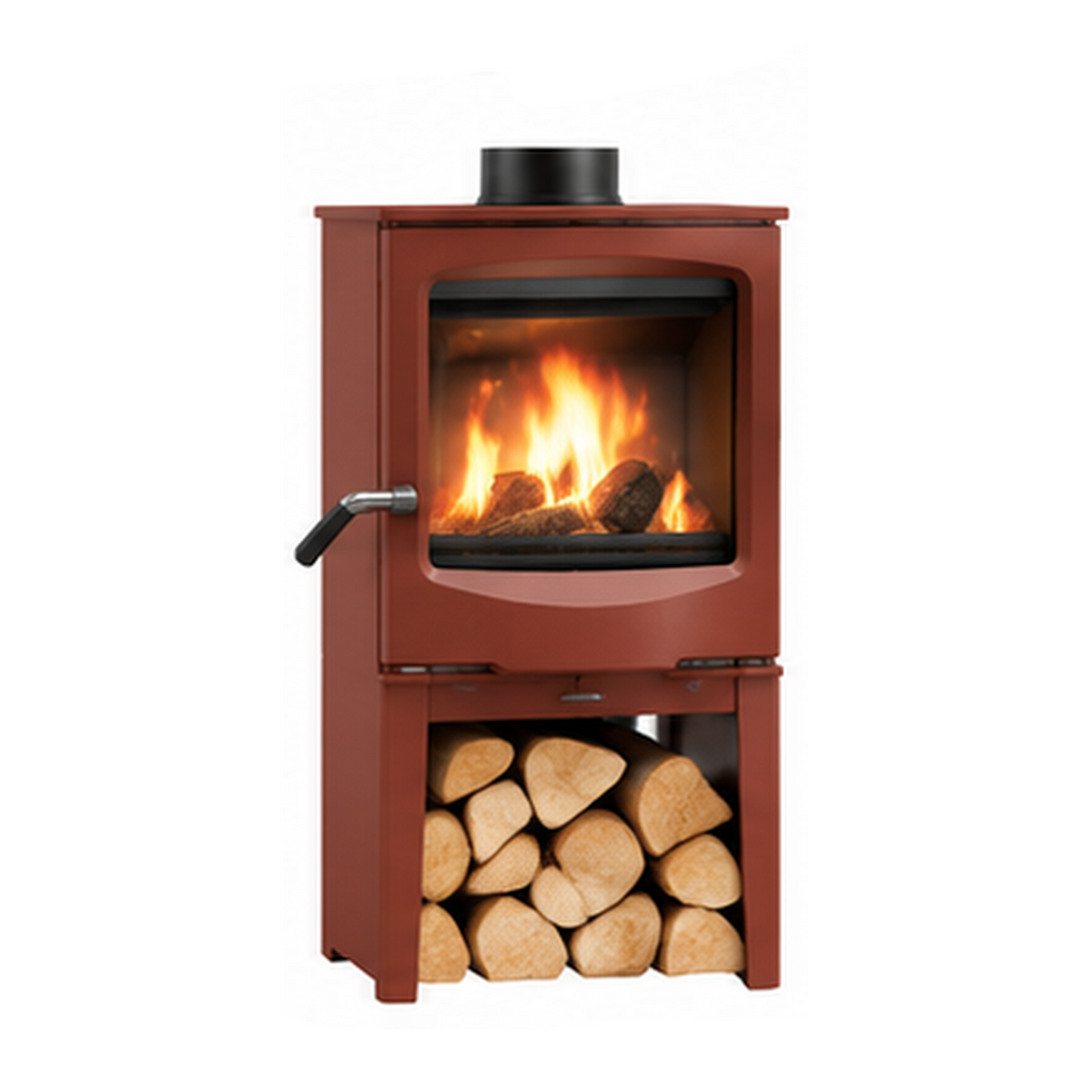 A small wood-burning stove with a terracotta red finish, featuring a visible fire inside the glass front, a side handle, and a lower log storage compartment filled with cut wood. The brand name 'man_ECO_midnight' is printed at the top, and text at the bottom reads 'For Small Stoves Tareccotte'.