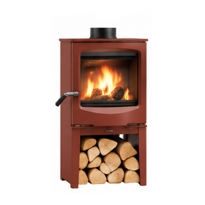 A small wood-burning stove with a terracotta red finish, featuring a visible fire inside the glass front, a side handle, and a lower log storage compartment filled with cut wood. The brand name 'man_ECO_midnight' is printed at the top, and text at the bottom reads 'For Small Stoves Tareccotte'.