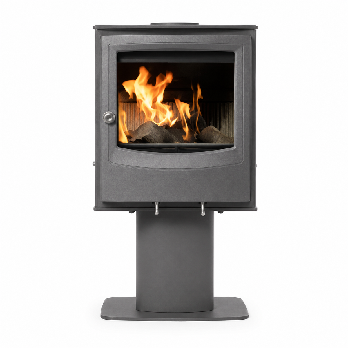 A dark gray cast iron wood-burning stove on a matching pedestal stand, shown with a fire burning in the glass front door against a solid white background.