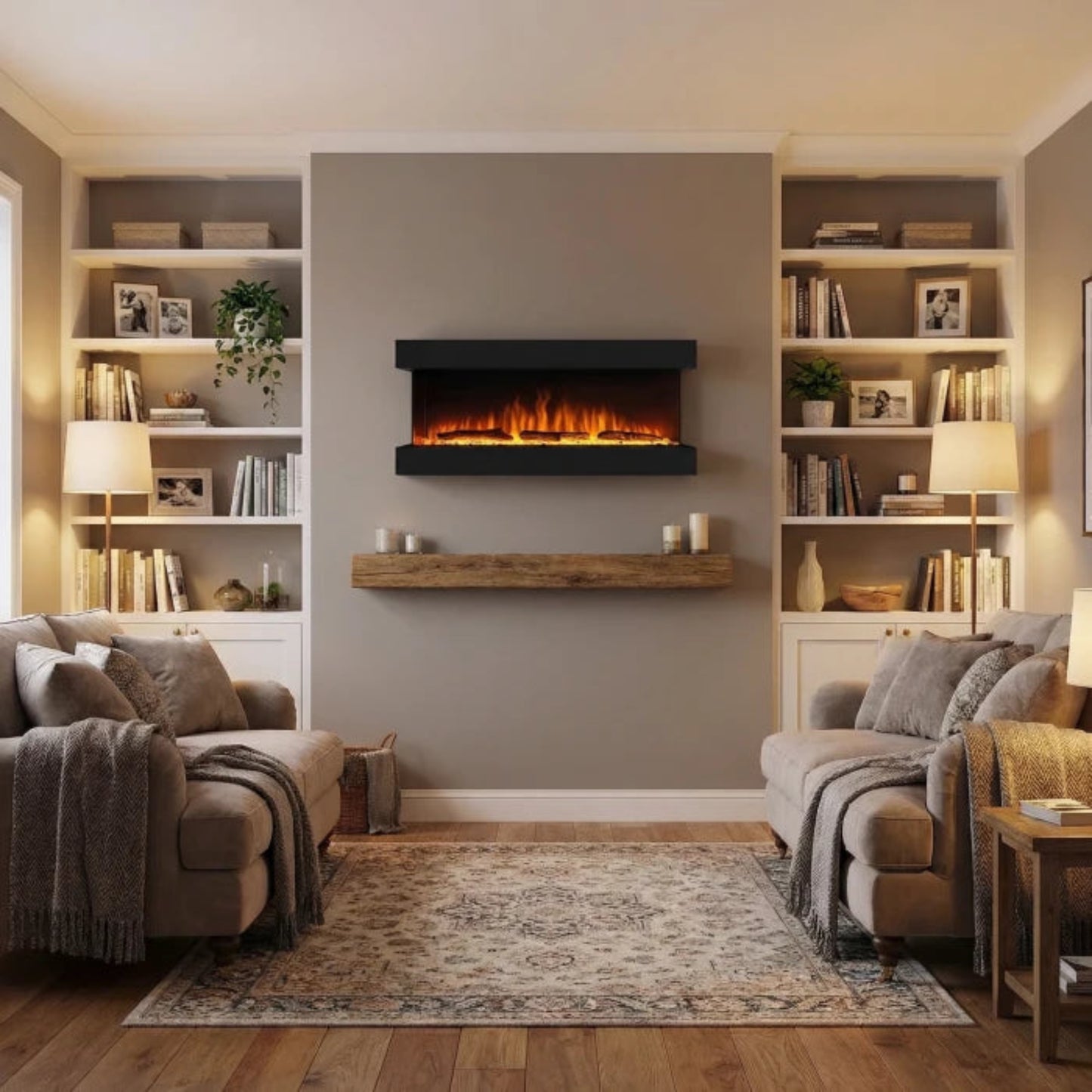 Living room with electric fireplace, bookshelves, and comfortable seating.