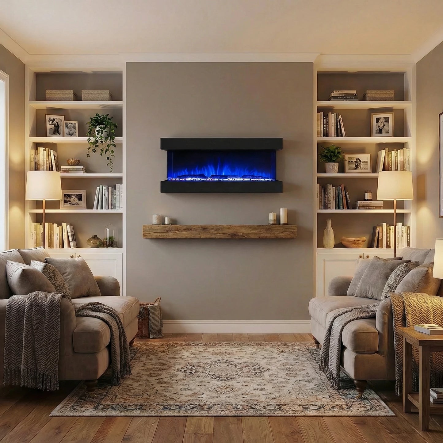 Feroza_wall-mounted_fireplace with blue flames in a cosy modern living room with bookshelves either side.
