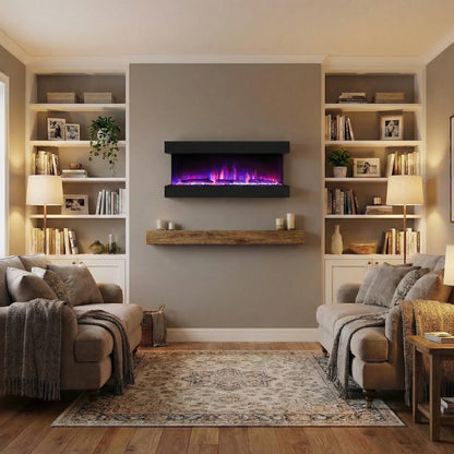 Living room with a modern electric fireplace between bookshelves.