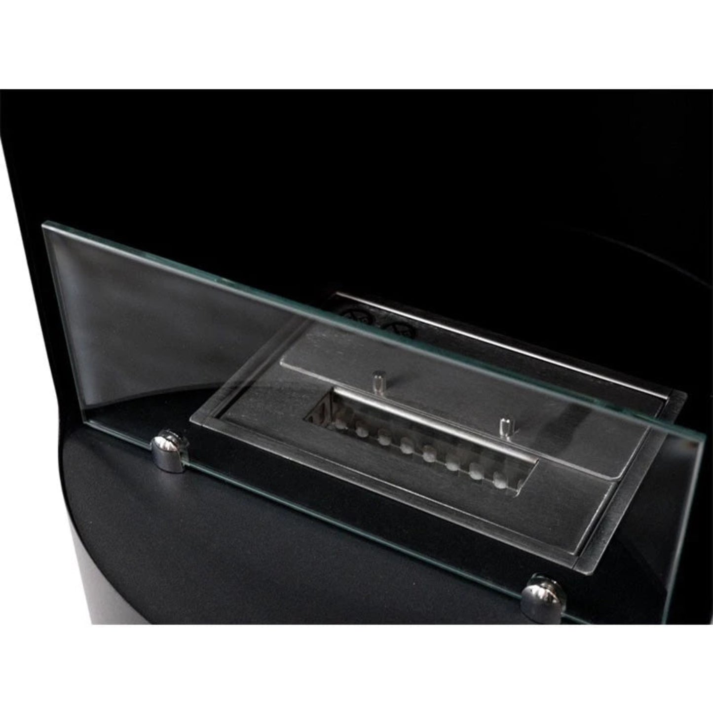 Flame mechanism inside Montgomery Black Open Bioethanol Wood-Stove