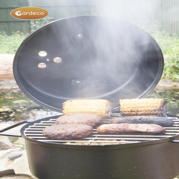 Smoker showingfood being cooked, featuring the Gardeco brand.