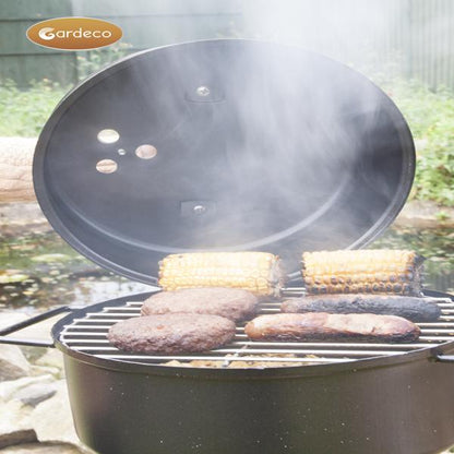 Smoker showingfood being cooked, featuring the Gardeco brand.