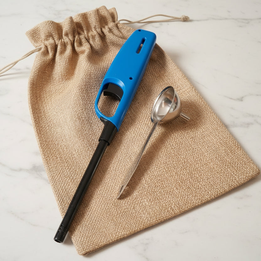 Blue lighter with black handle and metal funnel on a beige drawstring bag.