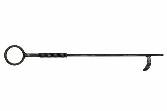 Long black metal poker with a handle and curved end, 