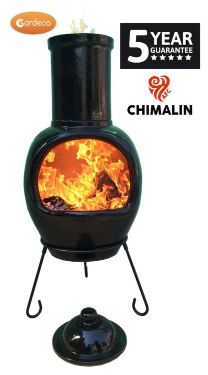 Black chiminea with glowing interior, Gardeco logo, and 5-year guarantee on a white background.