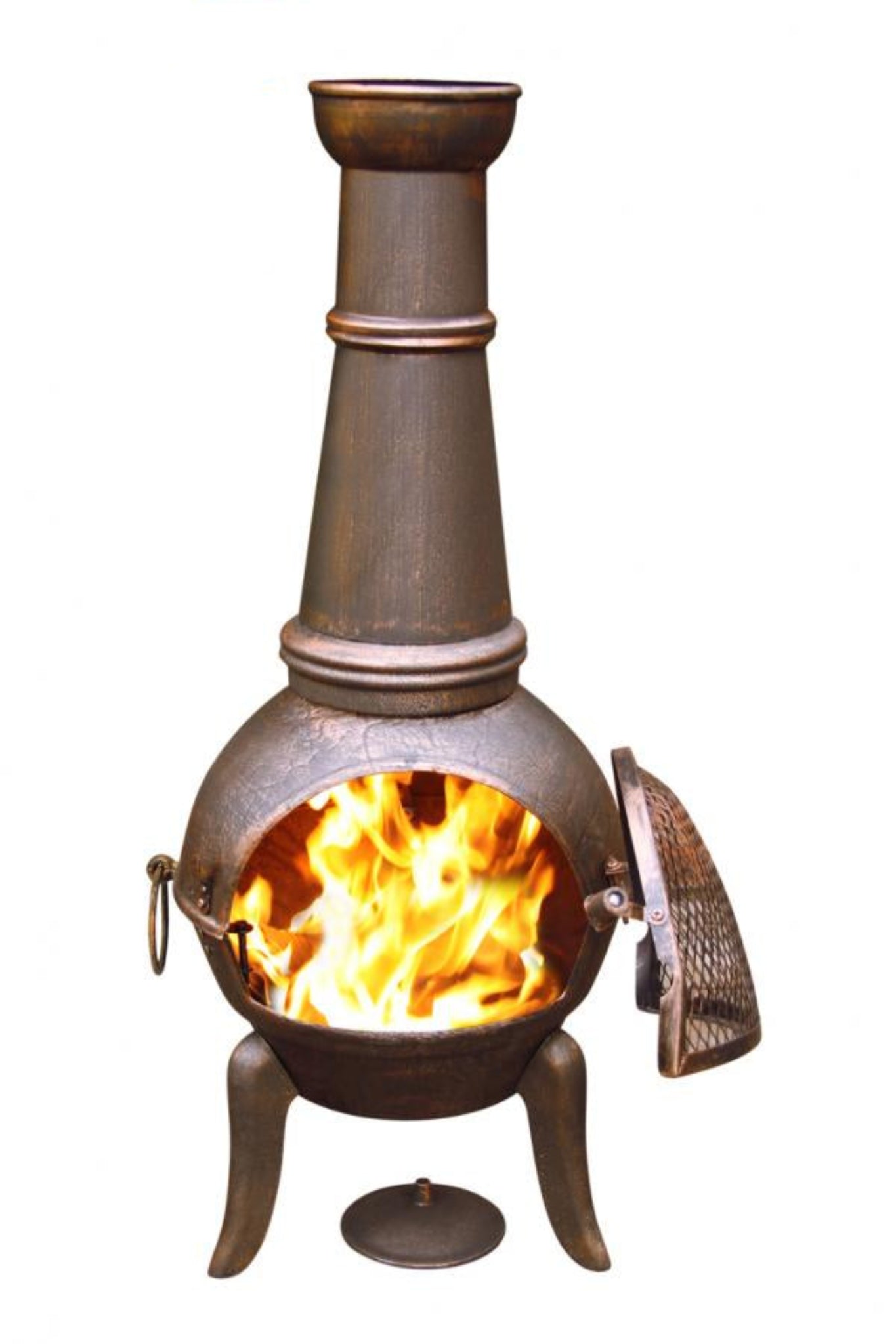 Cast iron chiminea with flames inside on a white background