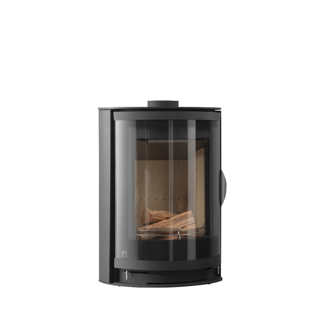 A modern black wood-burning stove with a large glass front door, showing logs inside, set against a plain white background.