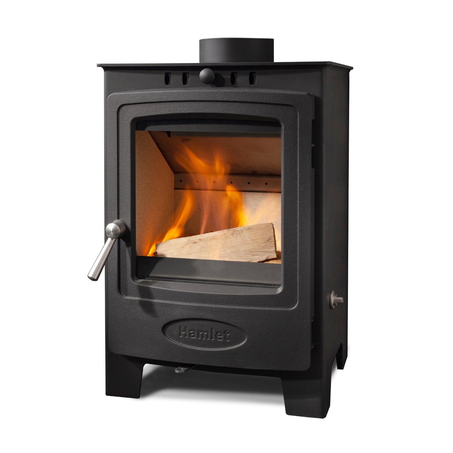 A black cast iron wood-burning stove with a glass door showing a fire inside, on a plain white background. The brand name 'Hamlet' is embossed on the lower front panel.