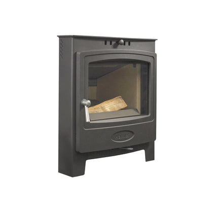 A black steel wood-burning stove with a glass door, a silver lever handle, and a piece of wood inside, shown against a plain white background.