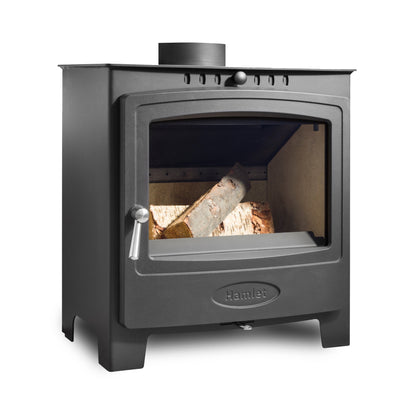 Black Hamlet SOL5WS wood stove with fire burning inside on a white background