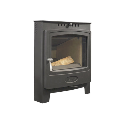 A black wood-burning stove with a glass door, a silver lever handle, and a piece of wood inside, shown against a plain white background.