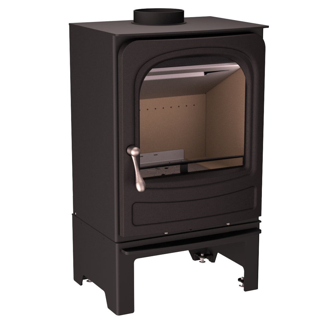 A black cast iron wood-burning stove with a glass door, silver handle, and bottom support base, shown on a plain white background.
