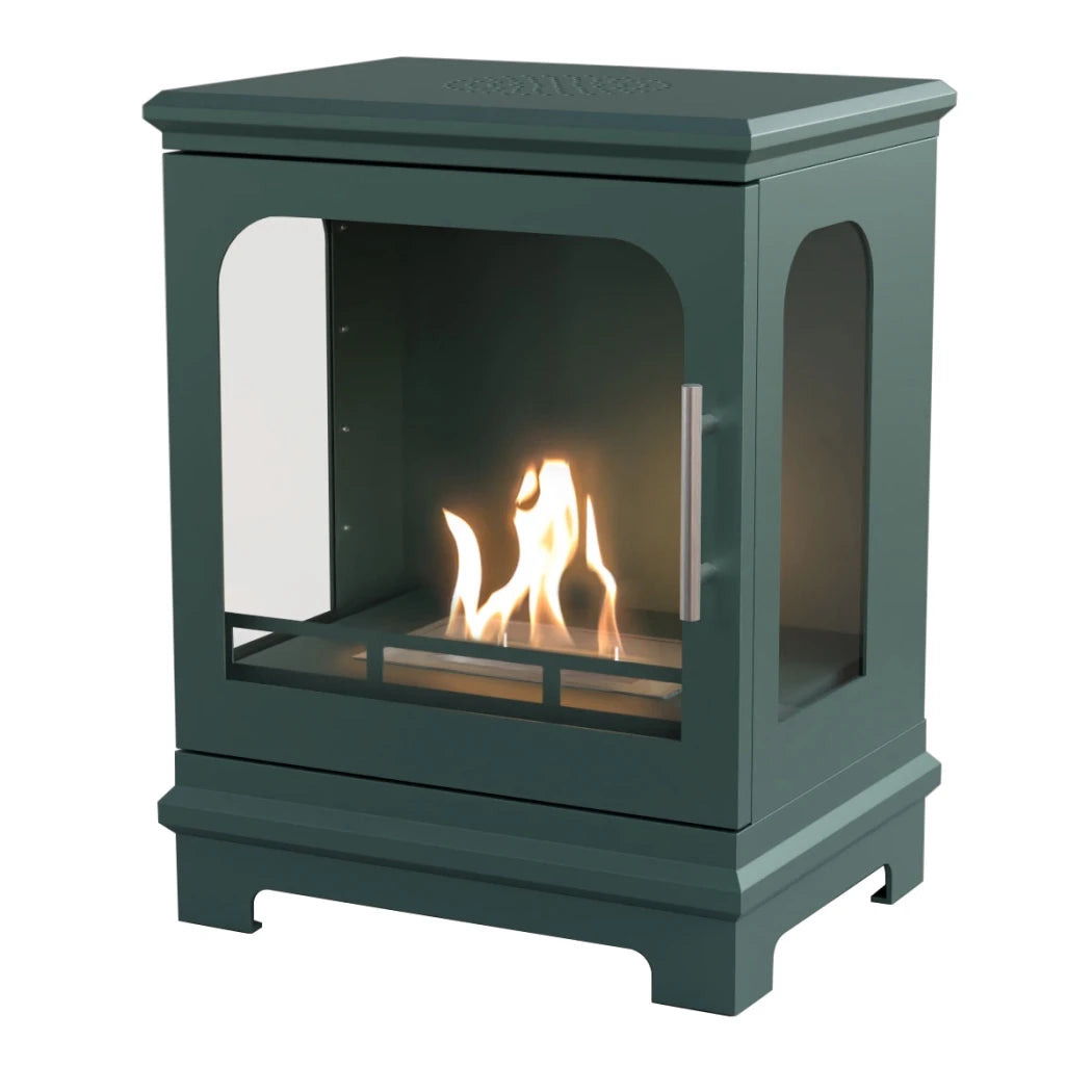 Green freestanding stove with visible flames on a white background