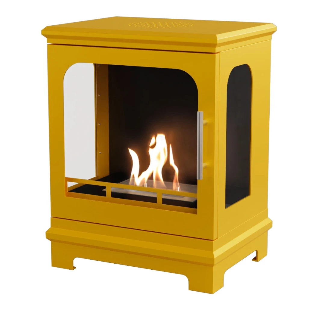 Yellow freestanding fireplace with flames inside on a white background