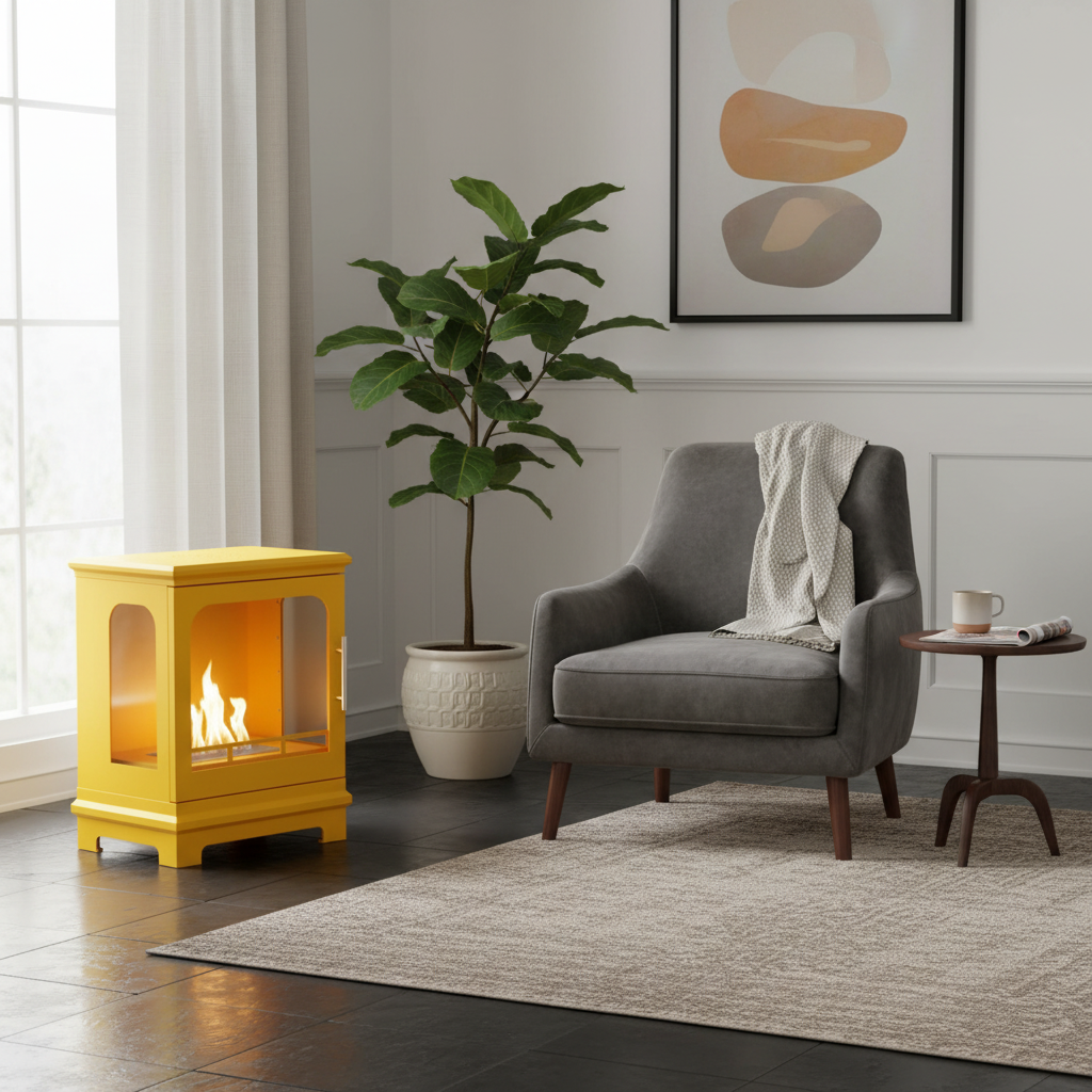 Living room with a yellow freestanding fireplace, gray armchair, and potted plant.