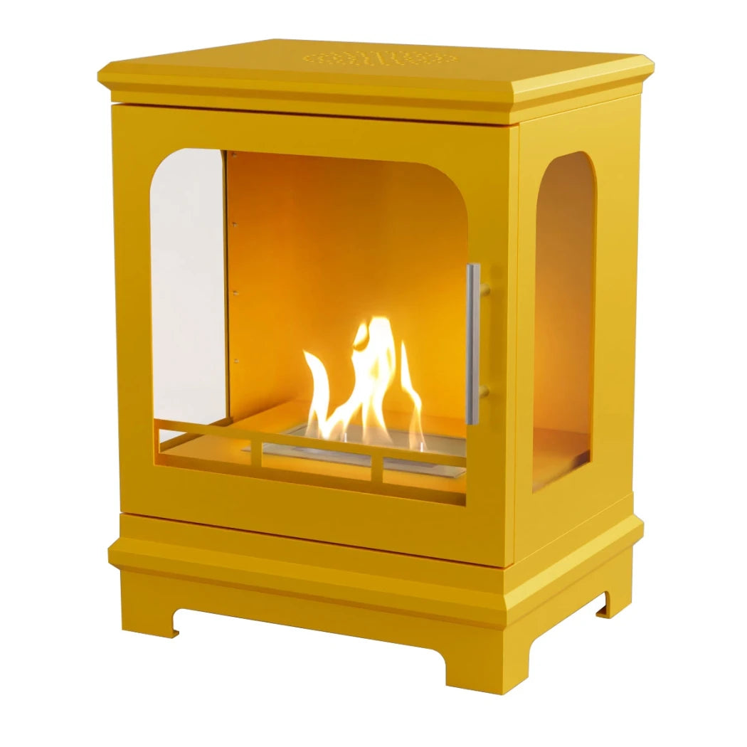 Yellow freestanding fireplace with three glass doors on a white background