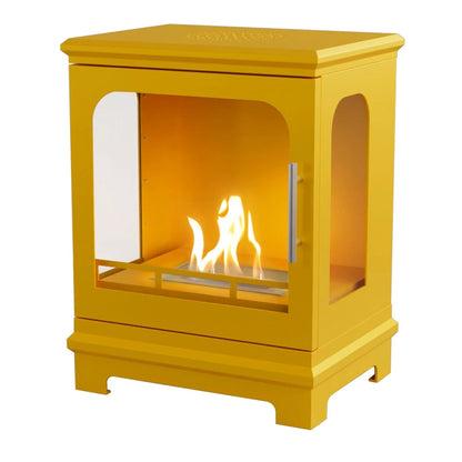 Yellow freestanding fireplace with three glass doors on a white background