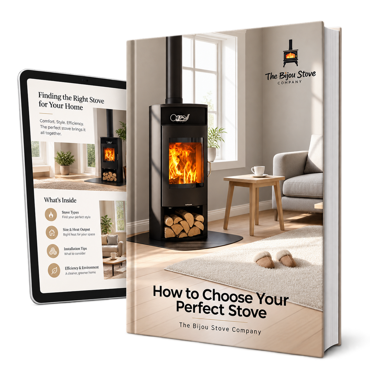 A promotional mockup showing a book titled 'How to Choose Your Perfect Stove' by The Bijou Stove Company, alongside a tablet displaying the book's interior page. The book cover features a black wood-burning stove with a glowing fire in a bright living room setting.