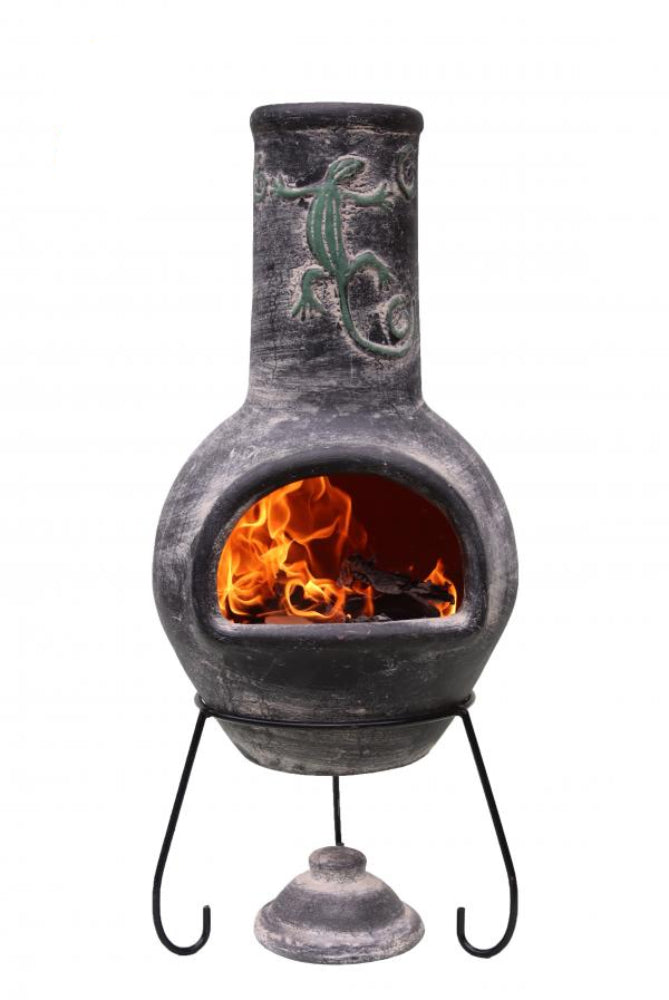 Decorative outdoor fireplace with flames inside, featuring a lizard design on a white background.