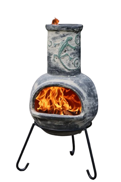 Iguana Medium Mexican Chiminea Grey | Handmade Clay Chiminea on a white background
