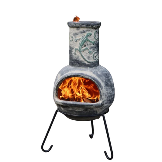 Iguana Medium Mexican Chiminea Grey | Handmade Clay Chiminea on a white background