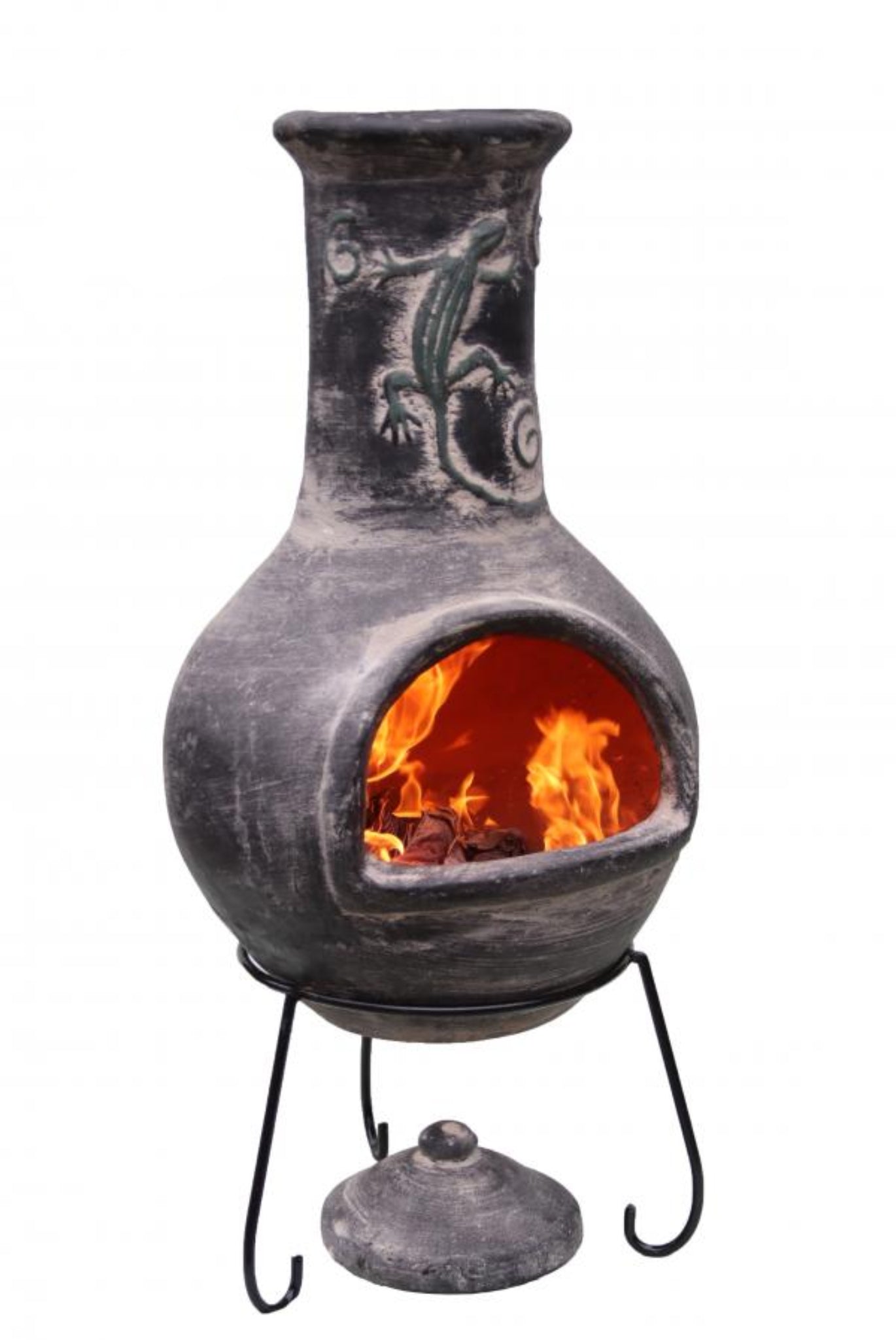 Ceramic chiminea with flames inside, featuring a lizard design, on a white background.