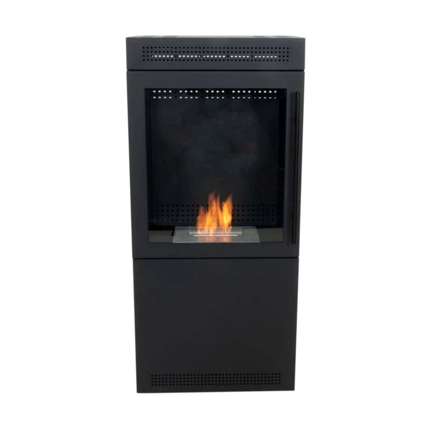 Black freestanding fireplace with visible flames on a white background