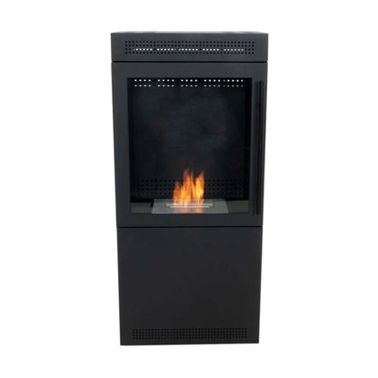 Black freestanding fireplace with visible flames on a white background
