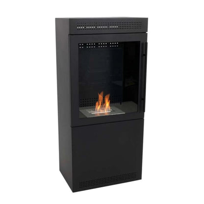 Black freestanding fireplace with visible flames on a white background