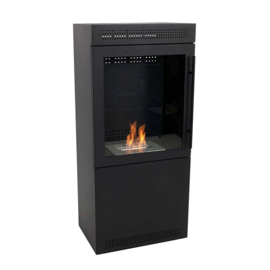 Black freestanding fireplace with visible flames on a white background
