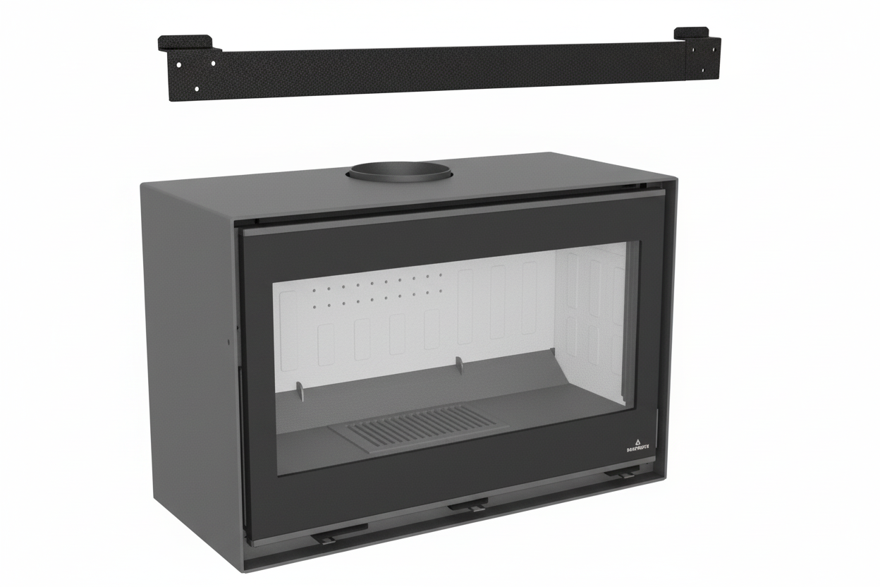 Gray double sided stove with a black mounting bracket on a white background