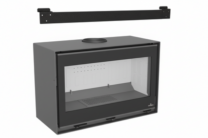Gray double sided stove with a black mounting bracket on a white background