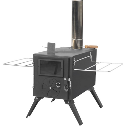 Black wood tent stove with metal chimney on a white background
