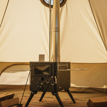 Wood-burning stove in a beige tent with a moonlit sky.