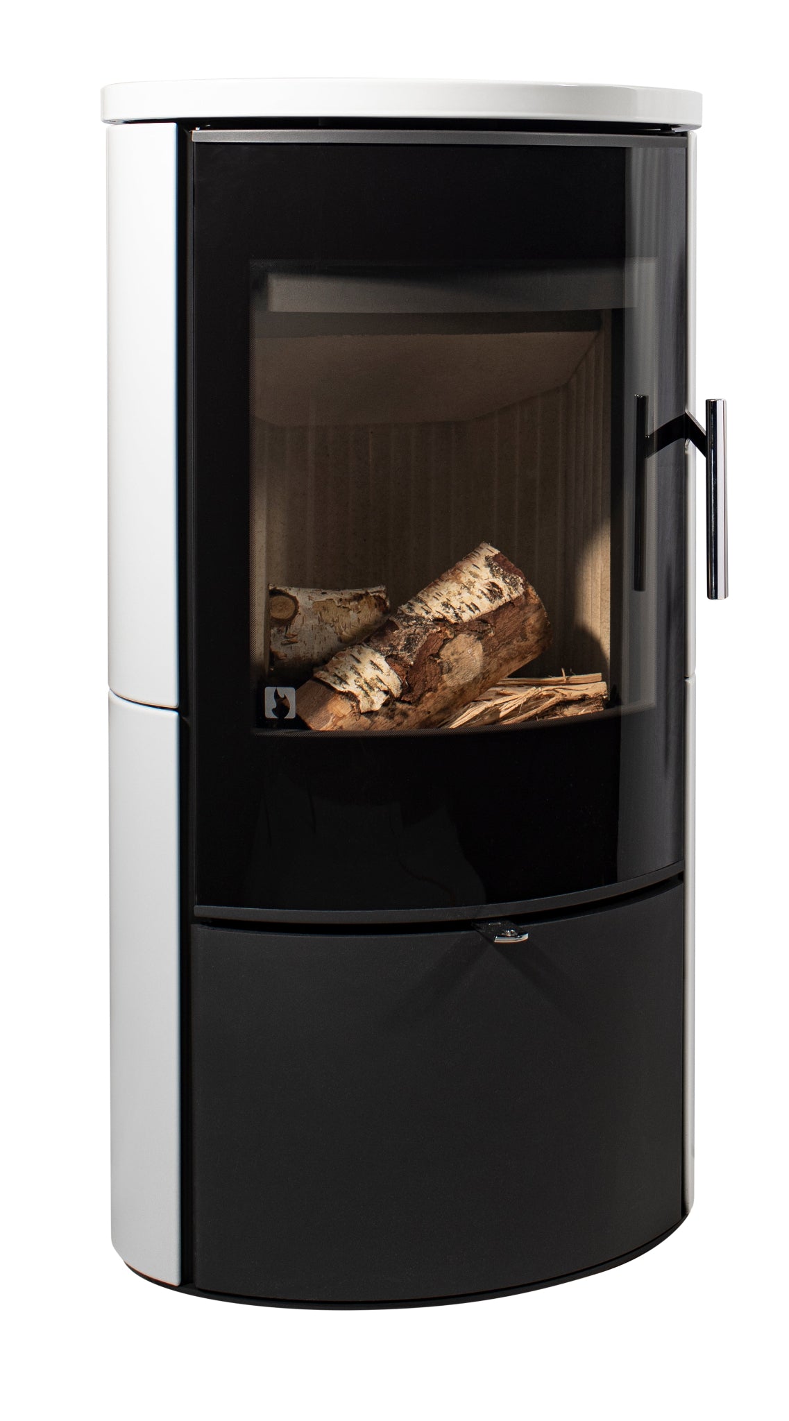 A modern cylindrical wood-burning stove with a black glass door showing logs inside, a black lower drawer front, and a white top and side panels, photographed on a plain white background.