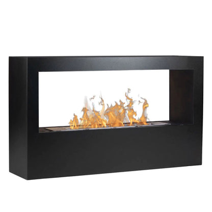Modern black fireplace with flames on a white background